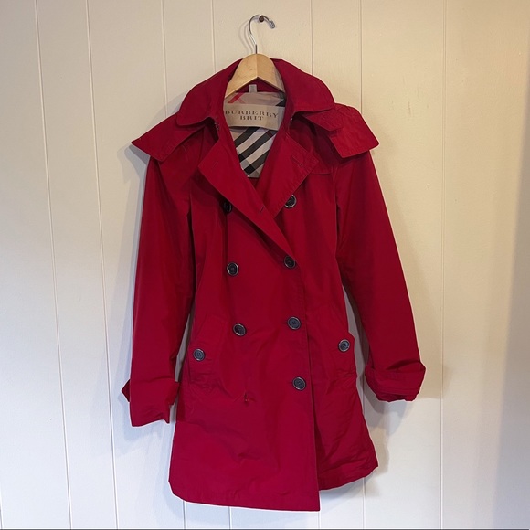 red burberry rain jacket